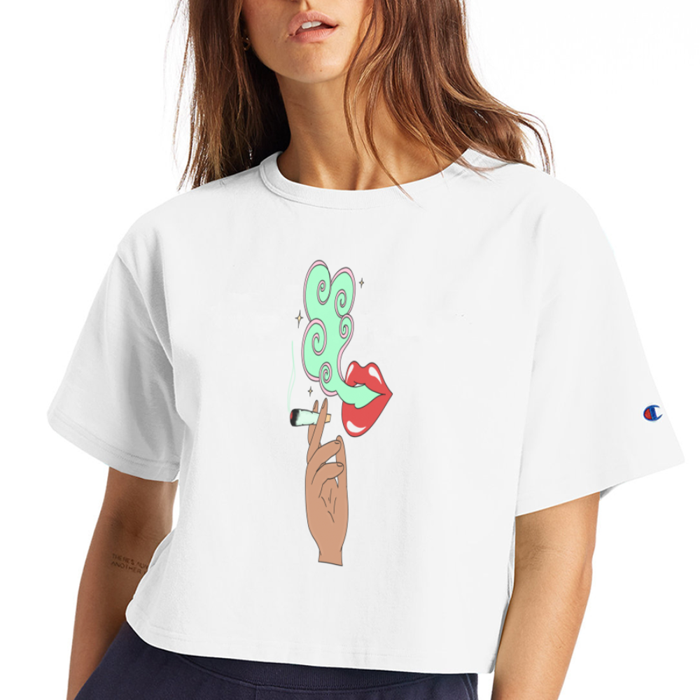 “Smoking Lips” Champion Women’s Cropped T-Shirt - white