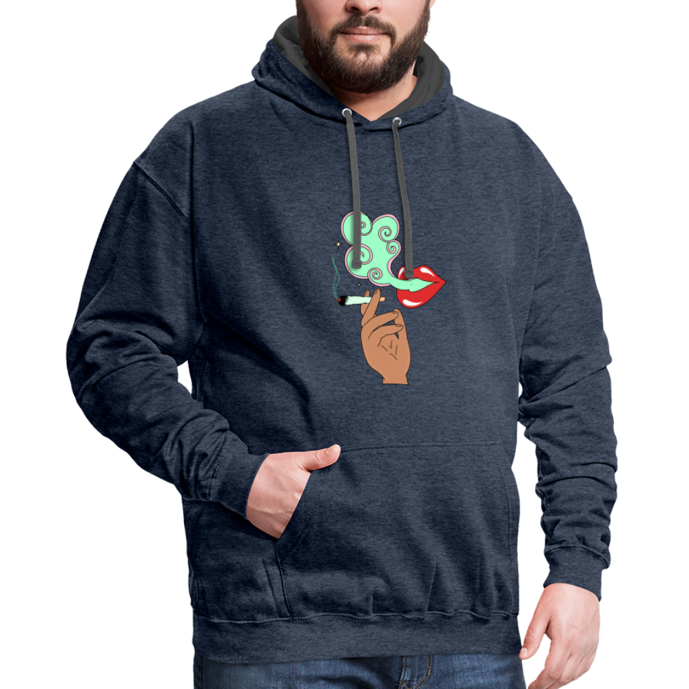 “Smoking Lips” Contrast Hoodie - indigo heather/asphalt