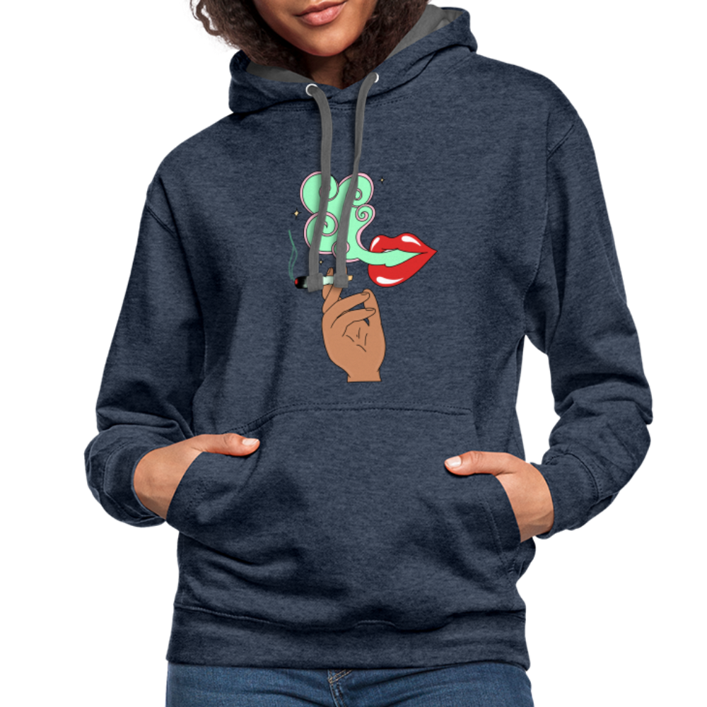 “Smoking Lips” Contrast Hoodie - indigo heather/asphalt