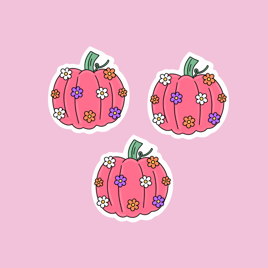 Pink floral mini pumpkin stickers (set of 3)
