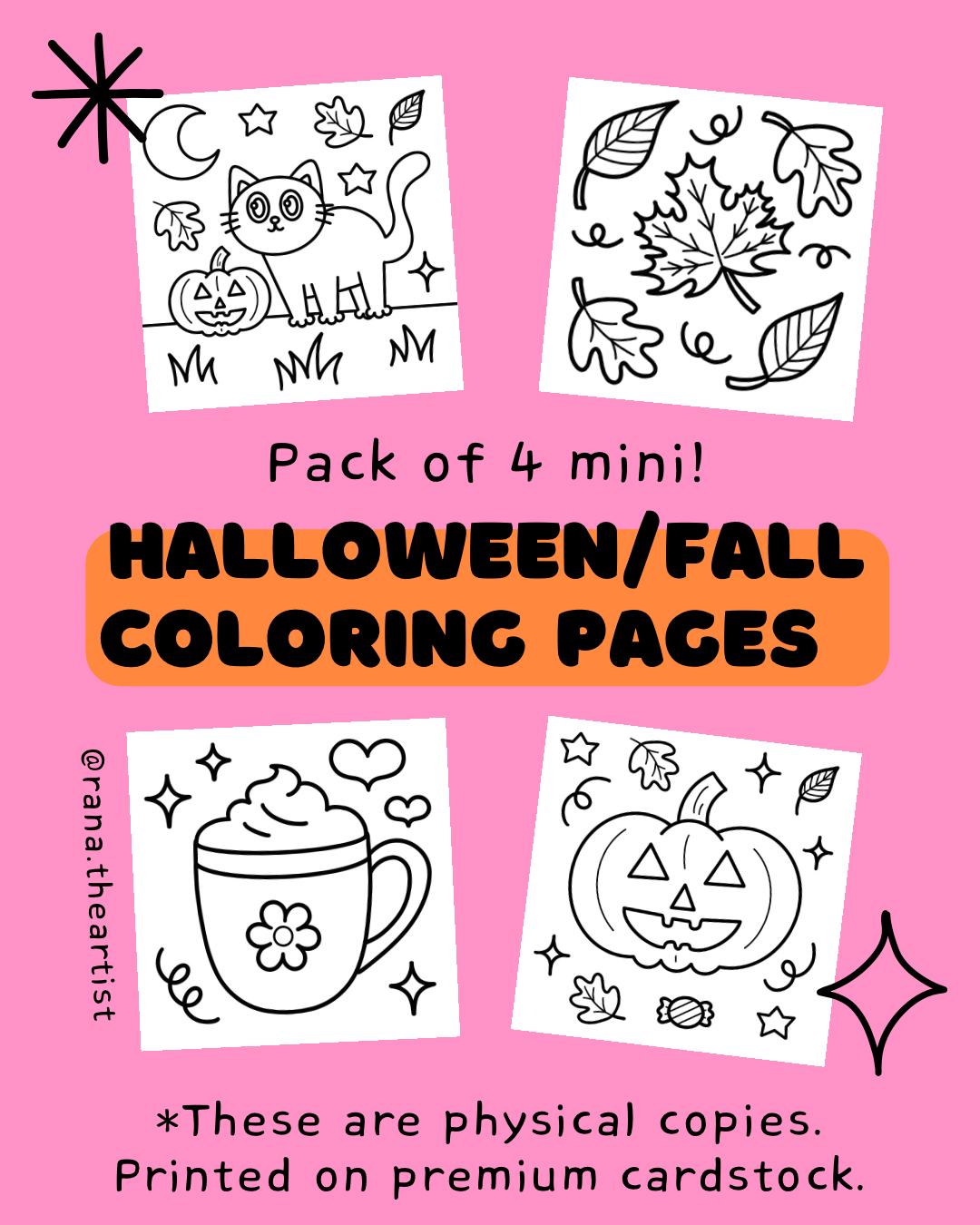 Halloween/Fall mini coloring pages (Physical copies) Pack of 4